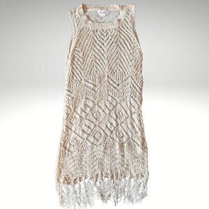 Allison New York Beige Boho Knit Fringe Cover-Up Dress – Sleeveless, Size Small